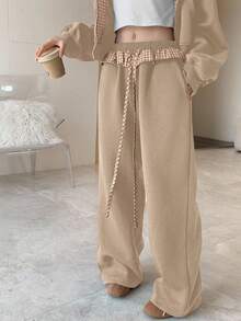 DAZY 女士休闲连帽卫衣和运动裤两件套，秋冬家居服套装 - 卡其色 - 查看 5