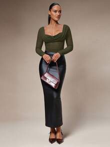 Silquee Áo thun tay dài phối lưới mỏng gợi cảm dành cho nữ, mùa thu - xanh quân đội - Xem 3