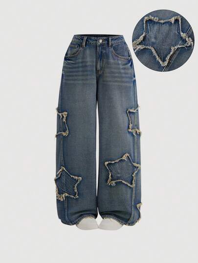 SHEIN MOD Jeans rectos y sueltos con diseño de bordado de estrella para mujer, adelgazantes, aptos para todas las estaciones. Jeans anchos de tiro alto con parches de estrella y desgastados, pantalones vaqueros sueltos y estilosos de estilo Y2K para mujer como disfraz de Halloween
