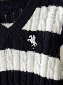 SHEIN Tween Girl Striped Sweater Suitable For Casual Wear, Back To School Wear, Home Style, Daily Wear, School Wear, Travel Wear, Sports Wear, Winter Wear, Christmas Wear, New Year Wear, Preppy Style Autumn Winter White And Black Striped Sweater Knit Sweater Cute Sweater Unisex Cable Knit Sweater - Black and White - View 7