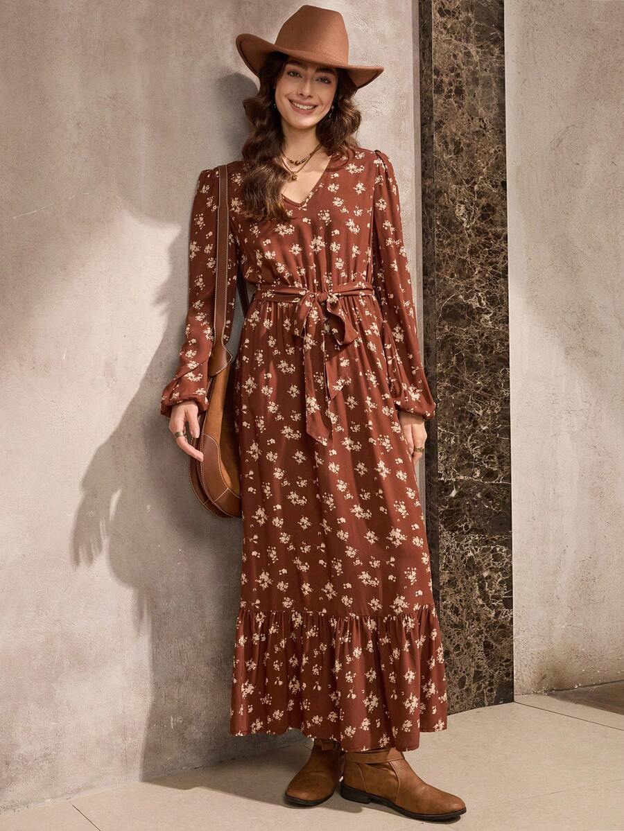 Wildy 美式休闲复古碎花长袖连衣裙，女士日常基本款穿搭，秋冬款 - 彩色 - 查看 1