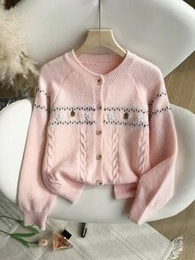 Genkimix Kids 少女花卉刺繡開襟衫，粉色秋季可愛假期返校休閒少女毛衣外套鈕扣上衣，適合秋冬 - 粉色 - 查看 4