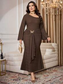 Modelyn Autumn/Winter Asymmetric Collar Butterfly Decor Button Sexy Cold-Shoulder Elegant Long Sleeve Plus Size Dress, Brown - Brown - View 3