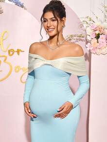 Loomaby 孕妇露肩长袖修身夸张蝴蝶结连衣裙