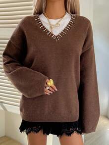 DAZY Suéter casual de mujer con adornos de strass, otoño - Café integral - Ver 3