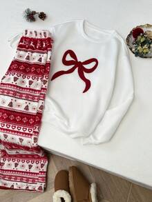 SHEIN Unity 1 Stück Weihnachtsparty Sweatshirt mit Schleifen-Muster in Rot & Weiß, thermisch gefüttert, Langarm und 1 Stück Weihnachtsbaum & Hirsch Plüsch Loungewear Set mit Kordelzug für Damen - Verschiedenfarbig - Übersicht 4