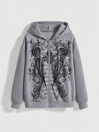 Fairycore Sweat-shirt tout-aller avec ailes rétro, imprimé épines et lettres ornées de strass pour femmes