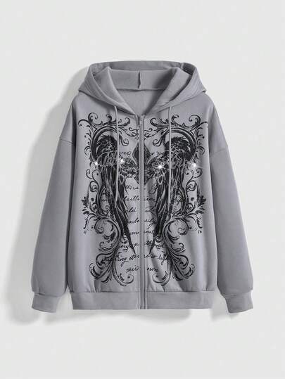 Fairycore Felpa donna retrò con stampa di ali e spine, decorata con strass e lettere, adatta a ogni occasione