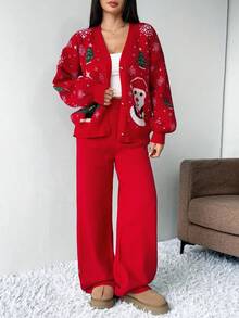 Zielony 女士时尚休闲简约节日派对家居日常百搭秋冬装，圣诞派对装，长袖纽扣 V 领圣诞提花雪人提花红撞色绿白芝麻底提花毛衣和裤子 2 件套 - 紅色 - 查看 3