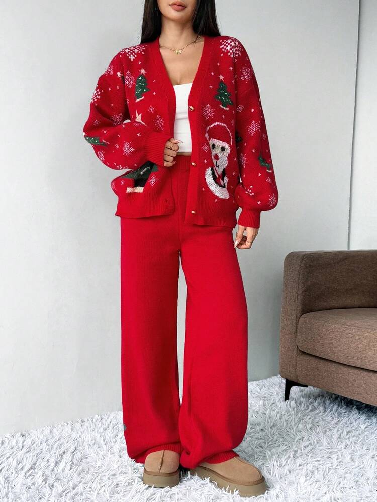 Zielony 女士时尚休闲简约节日派对家居日常百搭秋冬装，圣诞派对装，长袖纽扣 V 领圣诞提花雪人提花红撞色绿白芝麻底提花毛衣和裤子 2 件套 - 紅色 - 查看 3