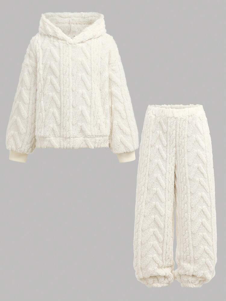 SHEIN Girlism 2 件套 Tween 女童保暖毛绒纹理宽松休闲连帽衫和运动裤套装，秋季 - 米色 - 查看 13