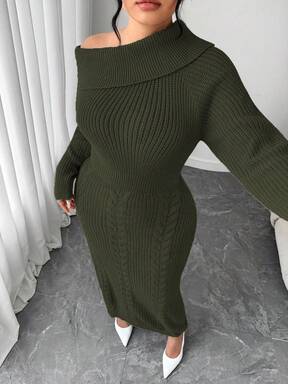 Elenzga فستان كنزة صوفية فضفاض بأكمام طويلة للمرأة ذات المقاسات الكبيرة، متدلي الكتف، ملابس خارجية كاجوال، مقاسات كبيرة، خريف/شتاء