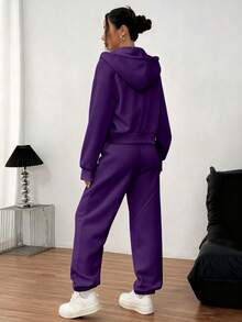 INAWLY 女士纯色连帽抽绳卫衣和裤子两件套 - 紫色 - 查看 2