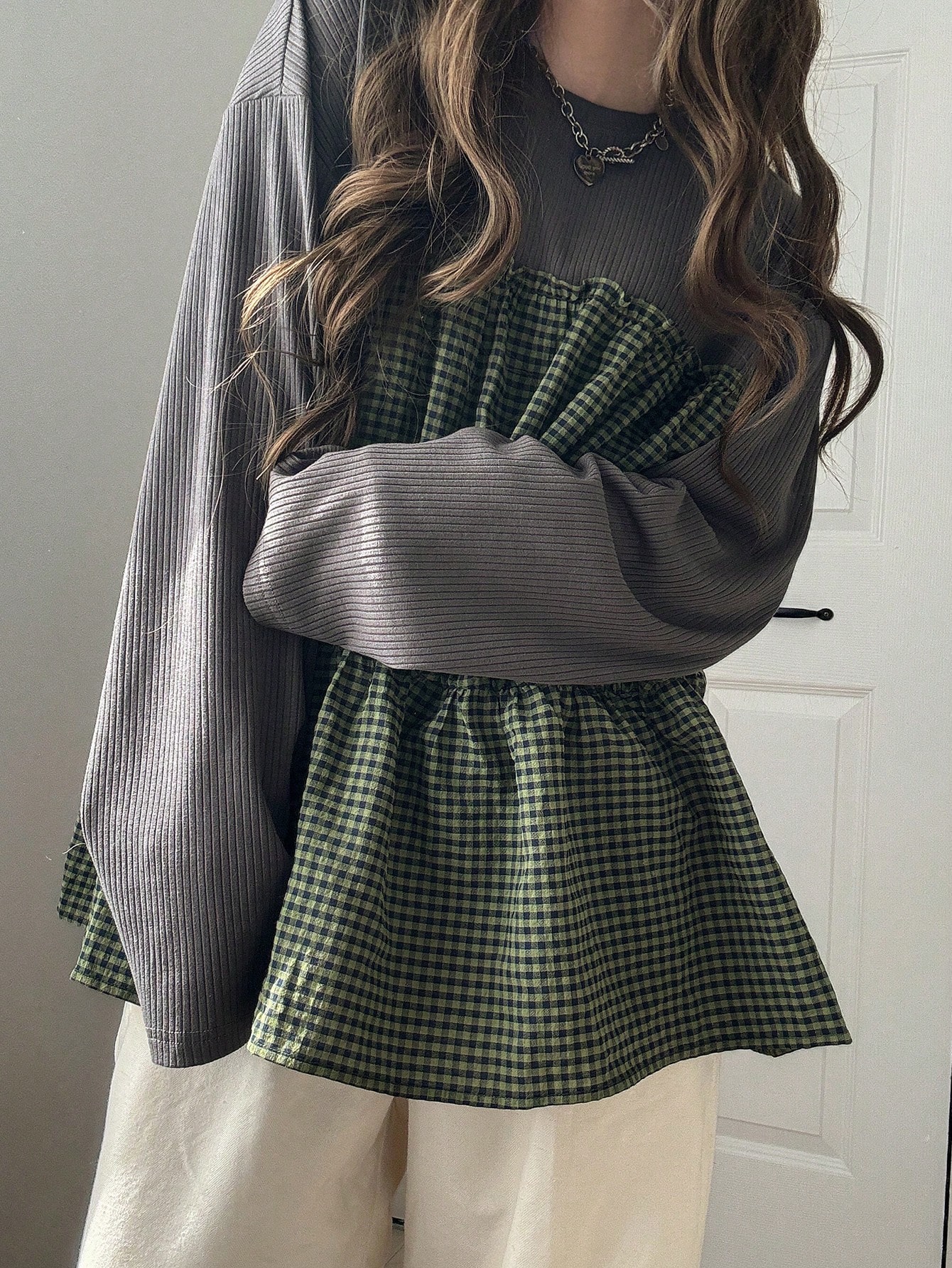Plaid ribbed long sleeve t-shirt