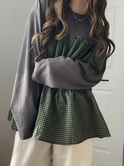 FRIFUL Women's Plaid Print Ribbed Casual Long Sleeve T-Shirt