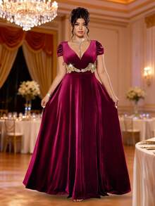 Cravure Váy dự tiệc nhung cỡ lớn cho nữ, cổ chữ V, viền xếp nếp sequin, váy dự tiệc cao cấp sang trọng - Màu Đỏ Sâu - Xem 8