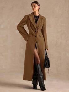 SHEIN BAE Áo khoác dài cao cấp, thắt eo màu trơn, thời trang thu/đông - Lạc đà - Xem 6