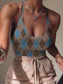 INAWLY Women's Casual Plaid Bodysuit, Summer - Multicolor - View 4