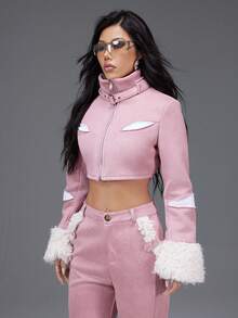 Almamuse Chaqueta corta de mujer de unicolor, de manga larga, con cuello alto y cremallera, adecuada para fiestas, otoño/invierno