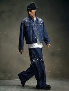 AXEPEAK Men's Washed Rhinestone Embellished Outfit, Brand High-End Collared Top And Pants Set