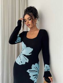 Elenzga Square Neck Jacquard Knit Bodycon Waist Sweater Dress - Baby Blue - View 6