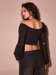 Glamine 闪光印花华丽领口抽绳灯笼袖短款上衣