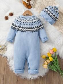 SHEIN Baby Boys' Casual Minimalist Cute Blue Fair Isle Knit Sweater Jumpsuit, Soft & Comfortable, Suitable For Daily, Outdoor, Travel, Holiday, Home, Daycare, Autumn/Winter, Christmas, Back To School, Party, All-Season Baby Blue Knitted Outfit For Baby Baby Boy Outfit Blue Vintage 0 3 Months Boy Winter Knitted Baby Romper Light Blue Baby Sweater Romper - Blue - View 3
