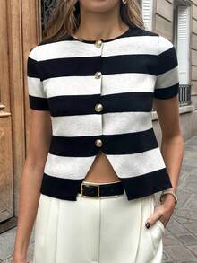 Serisse Women's Contrast Stripe Button Front Short Sleeve Knit Top New Year ,Party,Christmas Summer,Fall,Fall Clothes For Women,Winter Clothes For Women Casual - Apricot - View 4