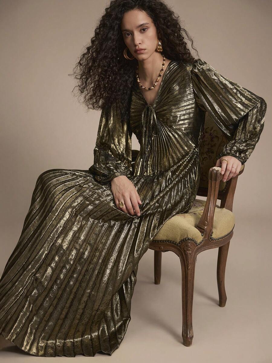 Florisole 女士秋冬系带褶裥长裙 - 金色 - 查看 1