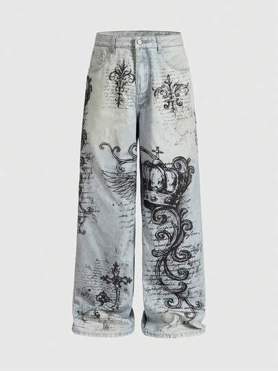 Street Life Jeans décontractés style de rue ample avec imprimé tout-sur-tout et poches personnalisées pour hommes