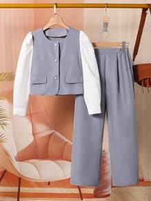 Áo khoác cardigan đính ngọc trai phối màu cho bé gái, quần thường ngày - Xám - Xem 4