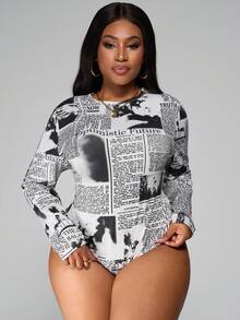 SHEIN PETITE CURVE Plus Size Newspaper Print Slim Fit Bodysuit - Multicolor - View 7
