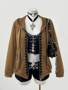 Sunspun Chaqueta con capucha de manga larga con decoración de remaches, estilo oscuro y punk, talla grande - Camel - Ver 4