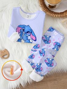 SHEIN Playful Pals 2pcs Baby Girls' Cute Blue Rabbit Purple Top & All-Over Rabbit Print Leggings Knitted Elastic Thermal Lining Purple Long Sleeve Pants Pajama Set Pajama Baby Set Baby Girl Warm Sets Cartoon Baby Clothes  Snug Fit Tight Fit Pajamas - Mauve Purple - View 4
