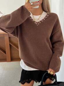 DAZY Suéter casual de mujer con adornos de strass, otoño - Café integral - Ver 7