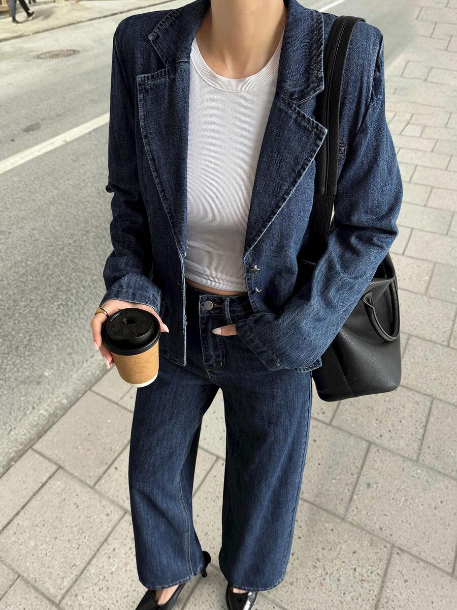 Livesso Women's Casual Denim Jacket And Distressed Jeans Set, Autumn/Winter