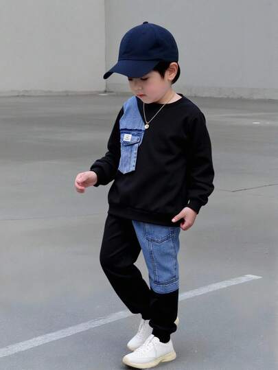 Mirajuku 2pcs Young Boy Casual Fashion Denim Patchwork Crew Neck Sweatshirt And Elastic Waist Jogger Pants Set, Loose Fit, Comfortable, Versatile, Suitable For Autumn, Spring, Winter, Daily Wear, Commute, Outdoor, Sports, School, Streetwear, Party, Photography