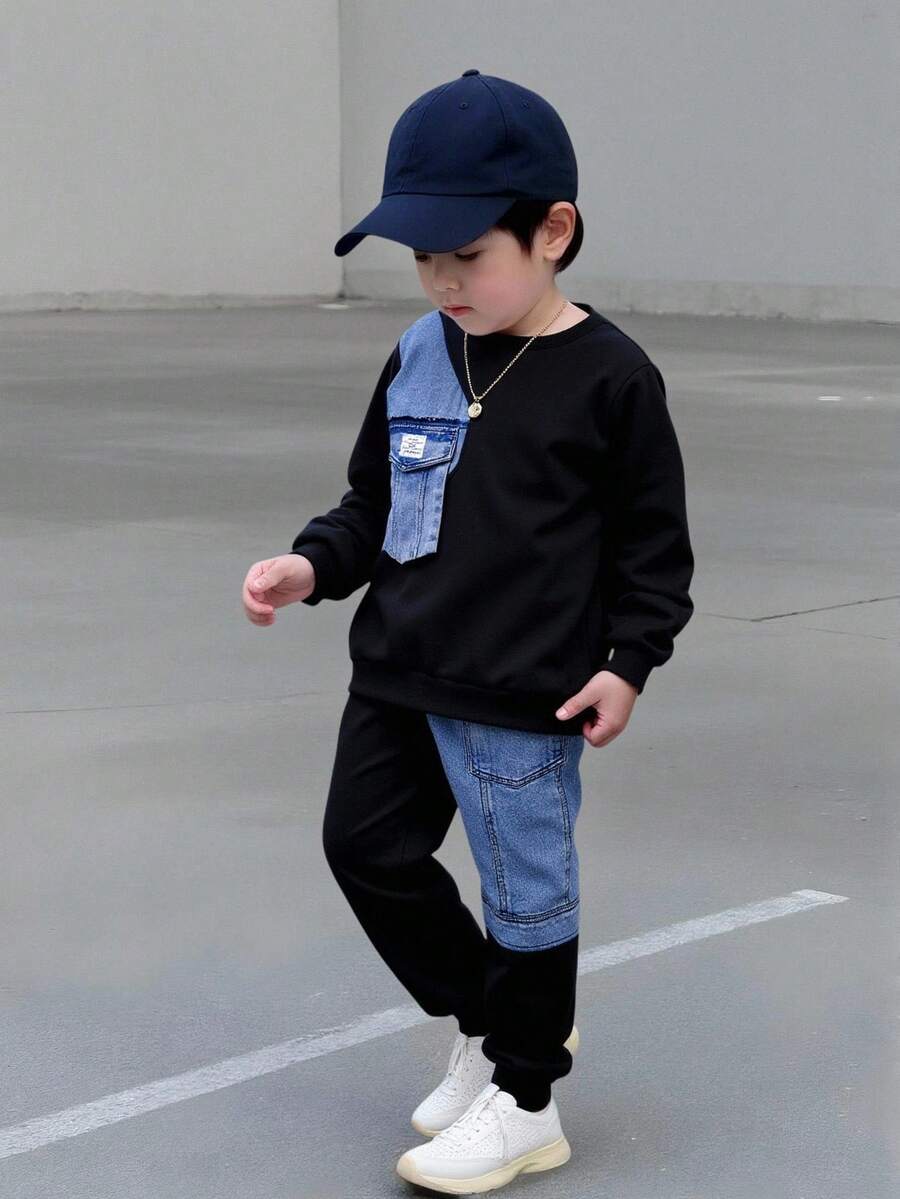 Mirajuku 2pcs Young Boy Casual Fashion Denim Patchwork Crew Neck Sweatshirt And Elastic Waist Jogger Pants Set, Loose Fit, Comfortable, Versatile, Suitable For Autumn, Spring, Winter, Daily Wear, Commute, Outdoor, Sports, School, Streetwear, Party, Photography