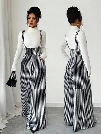 SHEIN PETITE 女士撞色千鸟格吊带腰阔腿连体裤