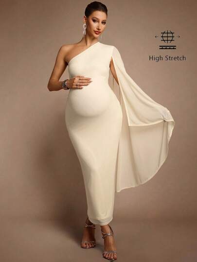 MaterniChic Vestido elegante ajustado con diseño de volantes asimétricos de unicolor para maternidad