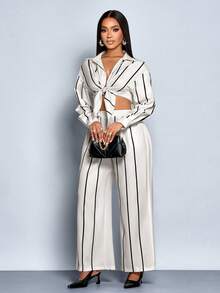 SOLERSUN Conjunto de Duas Peças de Roupas Femininas para o Outono e Inverno, Ideal para Uso Diário e Passeios Diurnos, Composto por Camisa de Mangas Longas com Estampa de Listras em Tons de Laranja Claro e Preto, Corte Solto, Pregas, Botões e Bainha Curva, e Calça de Perna Reta com Cintura Elástica. - Damasco - Visão 5