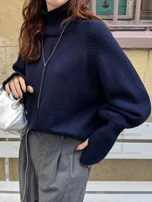 FRIFUL 女士纯色高领插肩袖灯笼袖时尚宽松针织套头毛衣 - 藏蓝色 - 查看 4