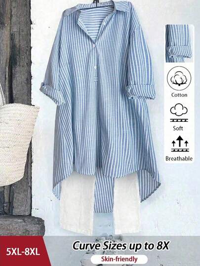 SHEIN CURVE+ Plus Size Women's Casual Classic French Retro Style Striped Blouse, Fashion Urban Feminine Chic Design, Versatile To Pair With Shirts, Jackets, All Seasons