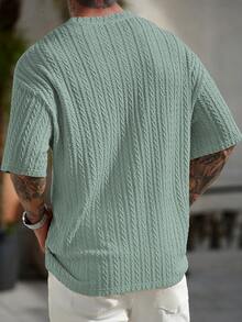 Manfinity CasualCool 男士休闲纯色纹理短袖T恤，夏季男士针织上衣针织衫男士休闲上衣男士时尚上衣 - 綠色 - 查看 2