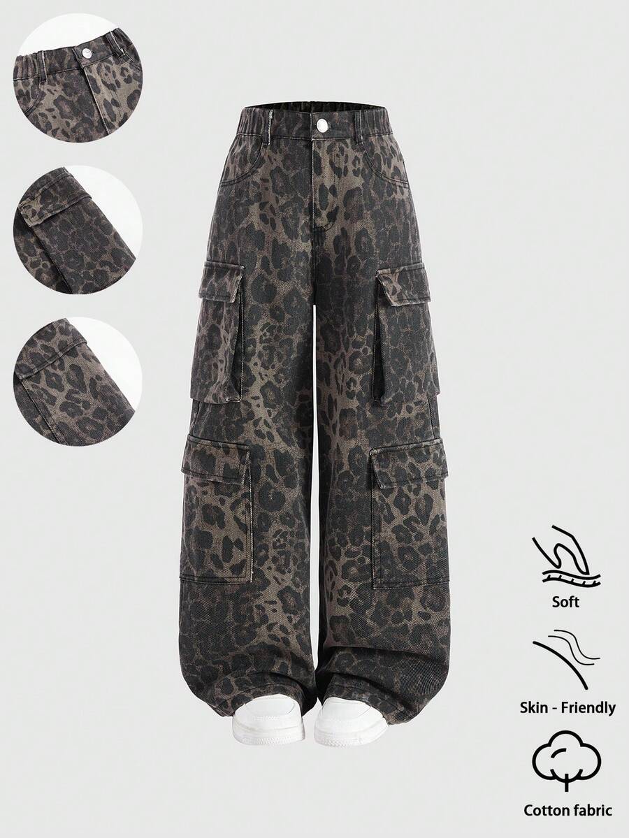 SHEIN Explorewe Tween Girls' Y2K Style Leopard Print Cargo Pants, Soft Washed Leopard Camouflage, Y2K Streetwear Fashion, Relaxed Fit With Accordion Pockets, Elastic Waist, Straight Leg, Cotton Denim Fabric, Suitable For Daily, Party, School, Commuting, Autumn/Winter New Arrival - Multicolor - View 1