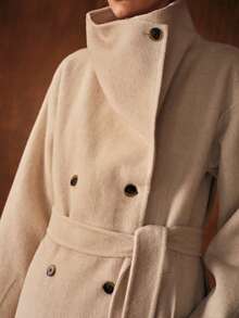 MOTF PREMIUM 羊毛瀑布领双排扣长款大衣，秋冬 - 米色 - 查看 3