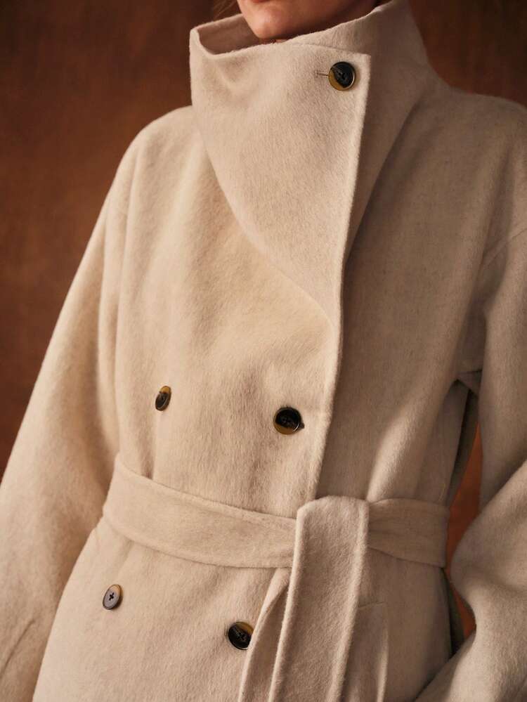WOOL WATERFALL COLLAR DOUBLE BREASTED LONG OVERCOAT, AUTUMN/WINTER