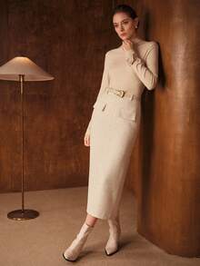 MOTF PREMIUM 高领百搭日常时尚简约打底衫，3D立体花卉袖子，修身剪裁，弹力面料，女士长袖T恤，可内搭外穿 - 杏色 - 查看 6