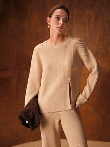 MOTF PREMIUM ENSEMBLE PULL OVERSIZE À ÉPAULES TOMBANTES EN TRICOT CÔTELÉ AVEC OURLET FENDU ET PANTALON LARGE EN TRICOT - Nude - Voir 7