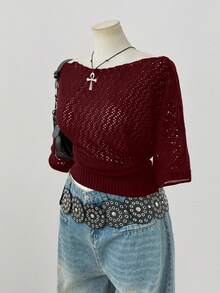 Sweetra Áo len tay ngắn phong cách Y2K thanh lịch thời trang cỡ lớn dành cho nữ, thích hợp mặc vào mùa xuân, mùa hè, mùa thu, thích hợp để đi làm - Đỏ - Xem 3